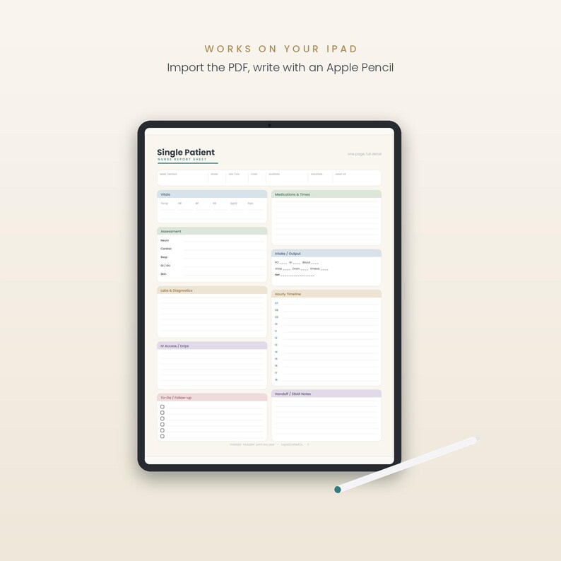 May include: A digital tablet displaying a Single Patient Nurse Report Sheet PDF template with pastel-coloured sections for assessment, intake, output, and medications. Above the tablet, the text reads: WORKS ON YOUR IPAD. Import the PDF, write with an Apple Pencil.
