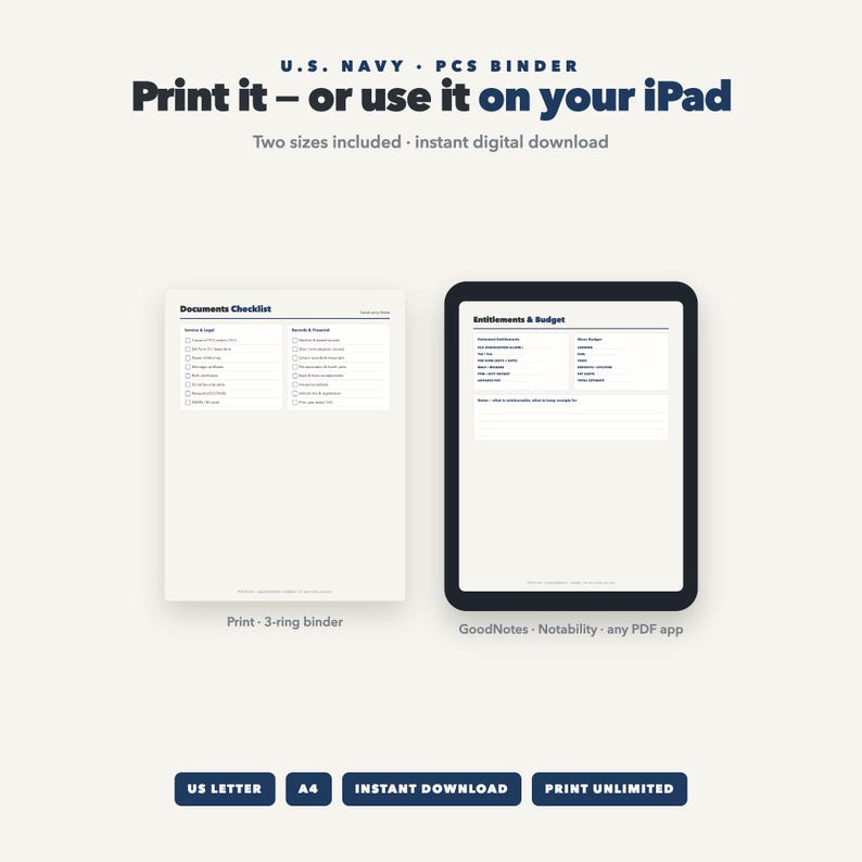 K&ouml;nnte beinhalten: Ein digitaler Download f&uuml;r einen U.S. Navy PCS-Ordner mit einer Dokumenten-Checkliste f&uuml;r Ringb&uuml;cher und einer Budget-Seite f&uuml;r das iPad. Der Text umfasst Print it &ndash; or use it on your iPad, Two sizes included, US Letter und A4.