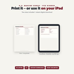 May include: A U.S. Marine Corps PCS binder digital download featuring a Documents Checklist page for 3-ring binders and an Entitlements & Budget page for iPad apps like GoodNotes or Notability. Text includes Print it &ndash; or use it on your iPad.