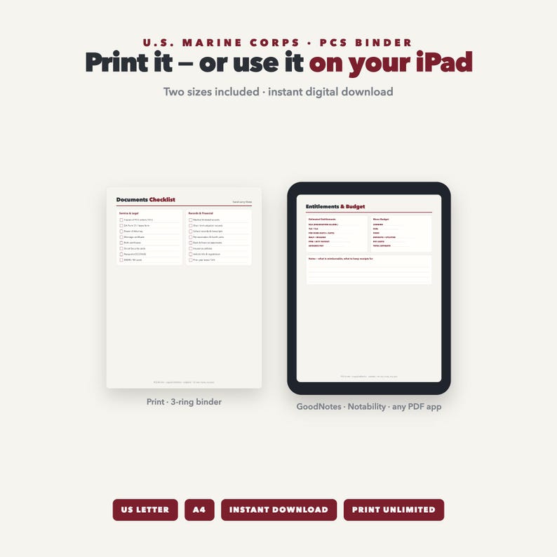 May include: A U.S. Marine Corps PCS binder digital download featuring a Documents Checklist page for 3-ring binders and an Entitlements & Budget page for iPad apps like GoodNotes or Notability. Text includes Print it &ndash; or use it on your iPad.