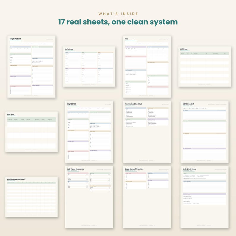 May include: A collection of 17 printed nursing report sheets and clinical templates featuring organised sections for patient data, checklists, and shift notes. The documents use a clean layout with soft pastel colour accents and clear headings.