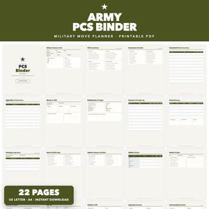 May include: A digital printable PDF set titled Army PCS Binder Military Move Planner, featuring twenty-two pages of organizational forms with olive green headers and white backgrounds, including checklists for household inventory, travel, and expenses.