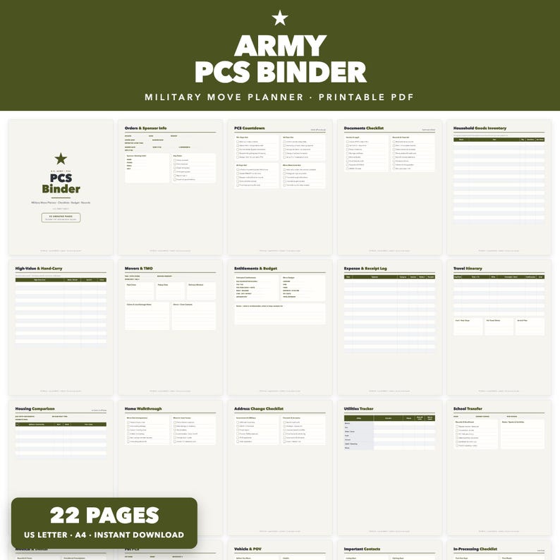 May include: A digital printable PDF set titled Army PCS Binder Military Move Planner, featuring twenty-two pages of organizational forms with olive green headers and white backgrounds, including checklists for household inventory, travel, and expenses.