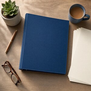 May include: A solid navy blue three-ring binder with a smooth, matte finish. The binder is positioned centrally, surrounded by a small potted succulent, a brown pen, a pair of tortoiseshell glasses, a blue mug of coffee, and a stack of cream paper.