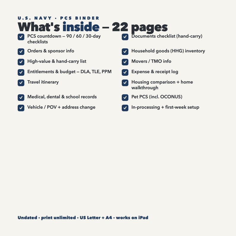 K&ouml;nnte beinhalten: Ein U.S. Navy PCS-Ordner-Informationsblatt mit 22 Seiten Checklisten, darunter PCS-Countdown, Befehle, Sponsoreninfos, Wertgegenstandslisten, Anspr&uuml;che, Reise, Medizin, Fahrzeug, Dokumente, Haushaltswaren, Umzug, Ausgaben, Wohnen und Haustiere.
