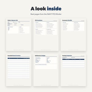 K&ouml;nnte beinhalten: Sechs wei&szlig;e Seiten aus einem Navy PCS-Ordner mit dunkelblauem Text und &Uuml;berschriften. Die Abschnitte umfassen Orders & Sponsor Info, PCS Countdown, Documents Checklist, Household Goods Inventory, Entitlements & Budget und Housing Comparison.