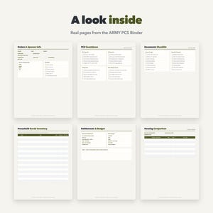 May include: Six pages from an Army PCS binder featuring organizational templates. The pages include headers for Orders & Sponsor Info, PCS Countdown, Documents Checklist, Household Goods Inventory, Entitlements & Budget, and Housing Comparison.