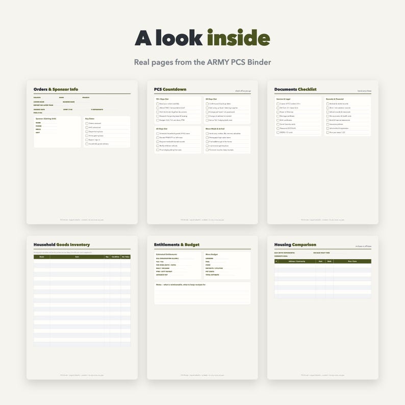 May include: Six pages from an Army PCS binder featuring organizational templates. The pages include headers for Orders & Sponsor Info, PCS Countdown, Documents Checklist, Household Goods Inventory, Entitlements & Budget, and Housing Comparison.