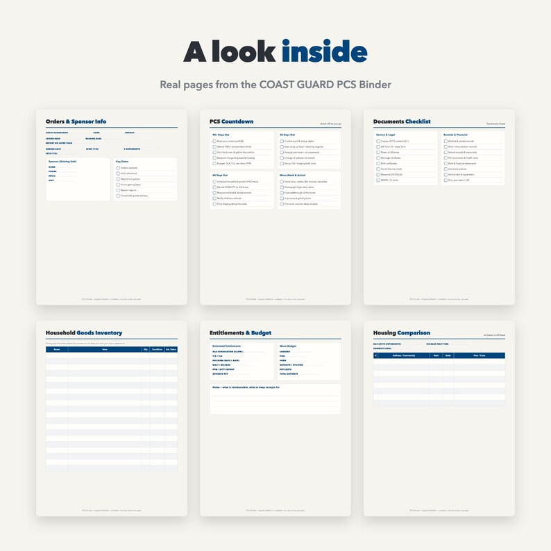 May include: Six white pages from a Coast Guard PCS binder with dark blue text and headers. The pages include sections for Orders & Sponsor Info, PCS Countdown, Documents Checklist, Household Goods Inventory, Entitlements & Budget, and Housing Comparison.