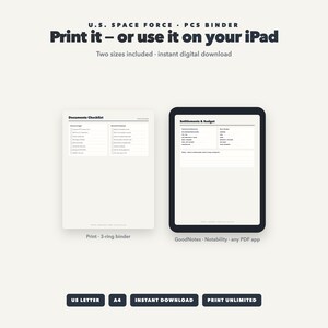 Op de afbeelding: Een digitale download voor een U.S. Space Force PCS-map met een documenten-checklist voor ringbanden en een budgetpagina voor iPad-apps. Tekst bevat U.S. SPACE FORCE PCS BINDER, Print it &ndash; or use it on your iPad.