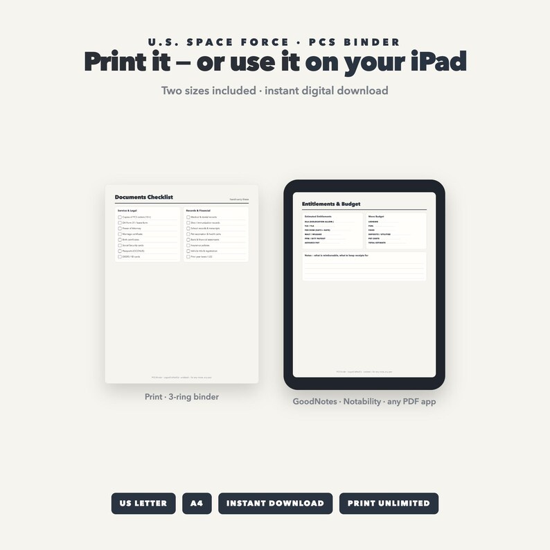 Op de afbeelding: Een digitale download voor een U.S. Space Force PCS-map met een documenten-checklist voor ringbanden en een budgetpagina voor iPad-apps. Tekst bevat U.S. SPACE FORCE PCS BINDER, Print it &ndash; or use it on your iPad.