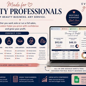 Puede incluir: Una calculadora digital de precios y beneficios para profesionales de la belleza mostrada en una pantalla de portátil. La interfaz muestra costes de servicio, márgenes de beneficio y proyecciones mensuales con texto descriptivo.