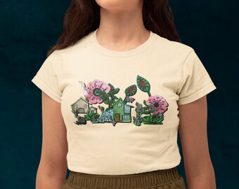 Cottage Core Gnome House Tshirt Fairy House Woodland Illustration T-Shirt Unisex Stückgefärbtes T-Shirt Scherenschnitt Kunst Tee Garten Tshirt