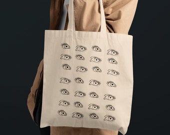 Eyes Sketch Original Drawing on Cotton Canvas Tote Bag, Illustrated Travel Tote