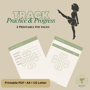 May include: A digital printable PDF set titled TRACK Practice & Progress featuring two pages for dancers. Includes a Dancer Information sheet and a Practice Log with columns for date, focus, time, and notes. Features a silhouette of a dancer.