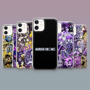 May include: Five clear phone cases featuring Murder Drones character graphics and one black phone case with the white text Murder Drones and a skull icon. The designs include purple and yellow colour schemes with various animated character illustrations.