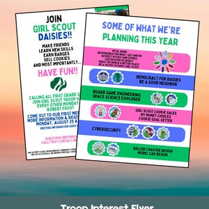 Può includere: Due volantini bianchi con testo e grafica colorati che promuovono le Girl Scout Daisies. Il volantino a sinistra invita a unirsi, mentre quello a destra elenca le attività pianificate come il lavoro sui petali, l'ingegneria dei giochi e la vendita di biscotti.