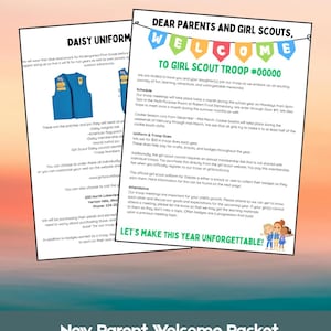 May include: A two-page digital welcome packet for Girl Scout Troop #00000. The document features a blue vest illustration, a colorful welcome banner, and text detailing troop schedules, uniform requirements, dues, and attendance policies.