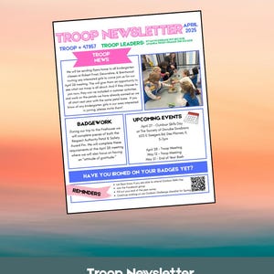 May include: A Troop Newsletter for April 2025, Troop 47957. The document features sections for Troop News, Badgework, and Upcoming Events, including a photograph of children working at a table, a calendar icon, and a QR code for digital access.