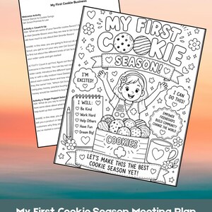 Puede incluir: Una hoja de actividades imprimible en blanco y negro titulada My First Cookie Season con un personaje de dibujos animados, galletas, estrellas y corazones. La página incluye texto como I'm Excited, I Can Do This y Let's Make This The Best Cookie Season Yet.