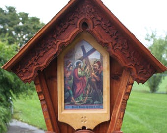 Outdoor Stations of The Cross St. Ann style with Carved Posts.   Full set of 14 stations.   Wayside Shrines Stations of the Cross