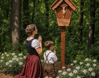 Large Alpine Catholic Shrine: Carved Cedar German Roadside