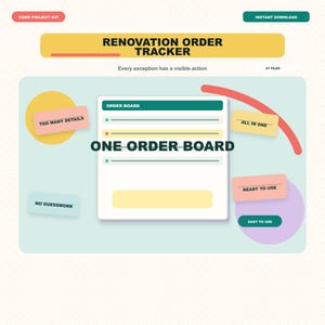 May include: A digital renovation order tracker template featuring a central order board with green and yellow accents. The layout includes text labels such as "Renovation Order Tracker," "Too Many Details," "All In One," "No Guesswork," "Ready To Use," and "Easy To Use" on a light green background with various geometric shapes.