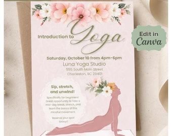 Digitale uitnodiging voor een yogales: Yogales, yogafeest, brunch, yogaretraite, spa, yogales. Direct te downloaden via Canva.