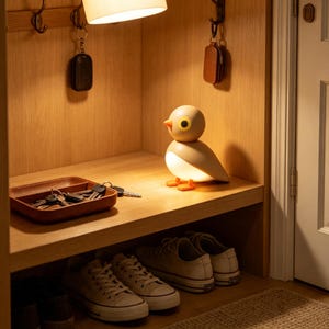 May include: A bird-shaped lamp with a beige body, orange beak, and orange feet sits on a wooden shelf. Next to it is a brown leather tray containing metal keys. Below the shelf, two pairs of white canvas sneakers are placed on the floor.