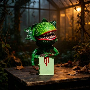 May include: A green, textured, carnivorous plant sculpture with a wide, toothy mouth and red lips, emerging from a light green square pot. The plant features dark green leaves and red, dripping paint-like accents on the pot and its stem.