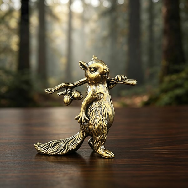 Handcrafted pure brass squirrel figurine holding acorns, vintage mini statue