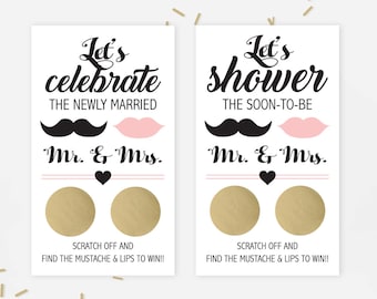 10 Mustache Gold and Pink Bridal Shower Scratch Off Cards - Bridal Shower Game - Bachelorette Party Game