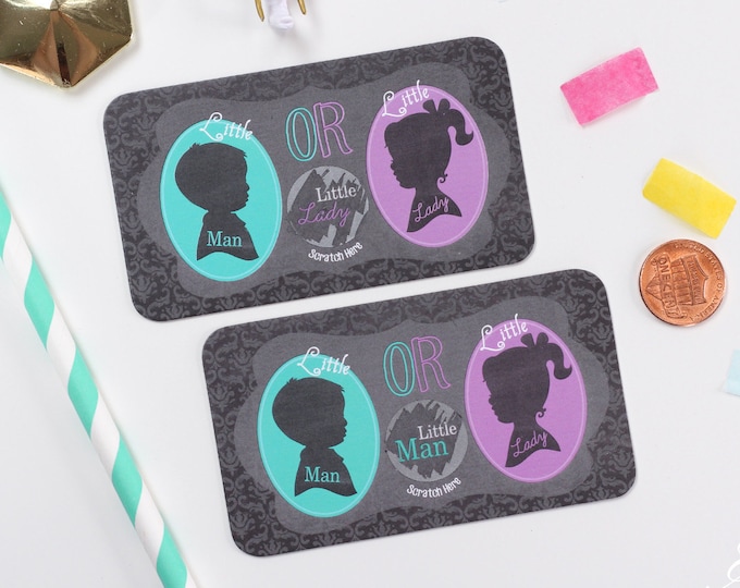 10 Baby Gender Reveal Scratch Off Cards - Purple & Blue Little Man or Little Lady