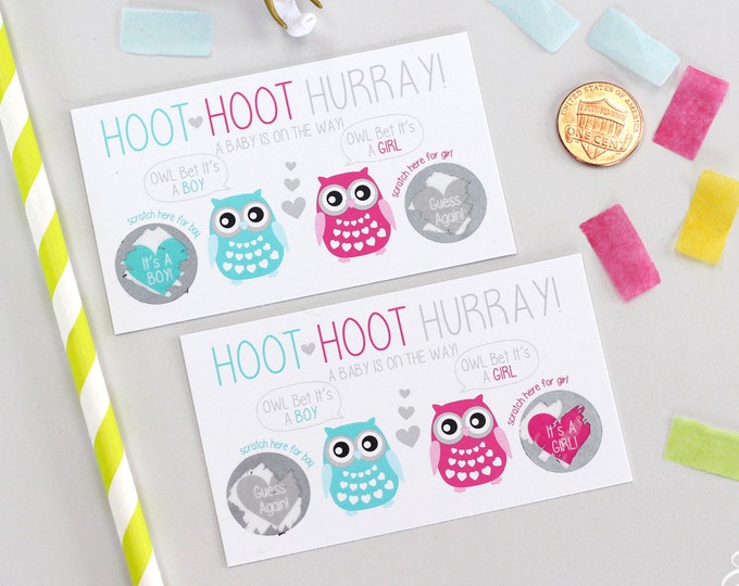 10 Baby Gender Reveal Scratch Off Cards - Guess the gender Owl Whoo Will It Be?