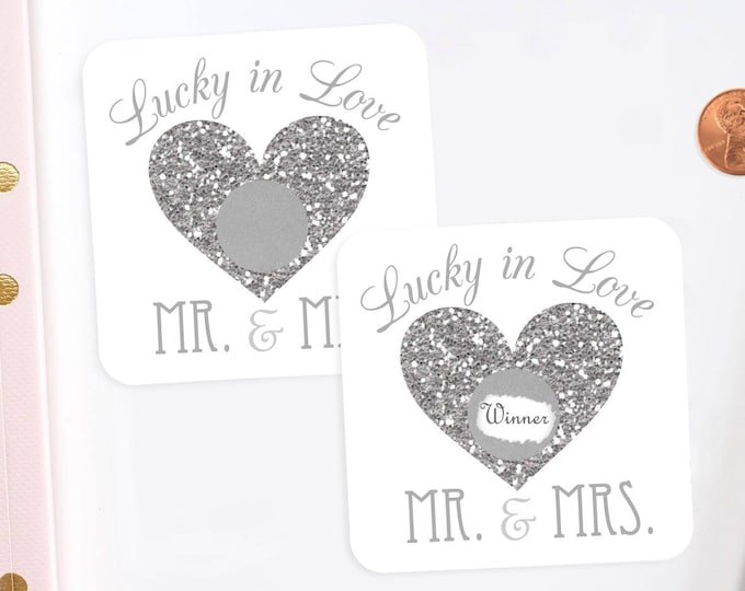 Silver Glitter Lucky In Love Bridal Shower Scratch Off Cards - Bridal Shower Game - Bachelorette Party Game