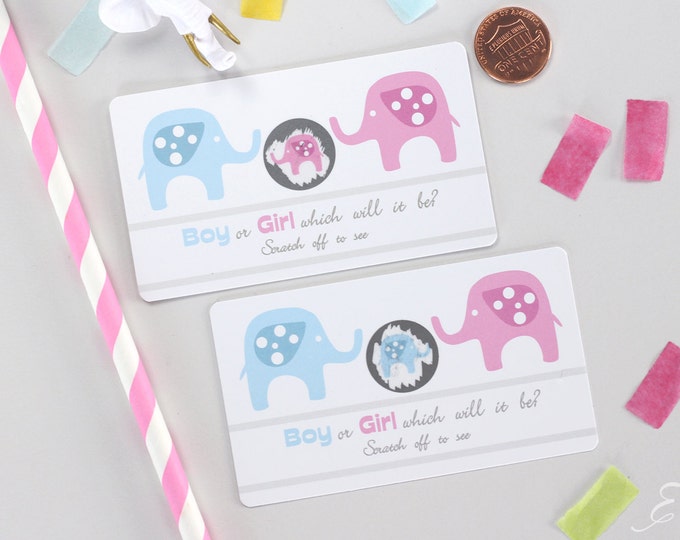 10 Baby Gender Reveal Scratch Off Cards - Pink & Blue Elephant