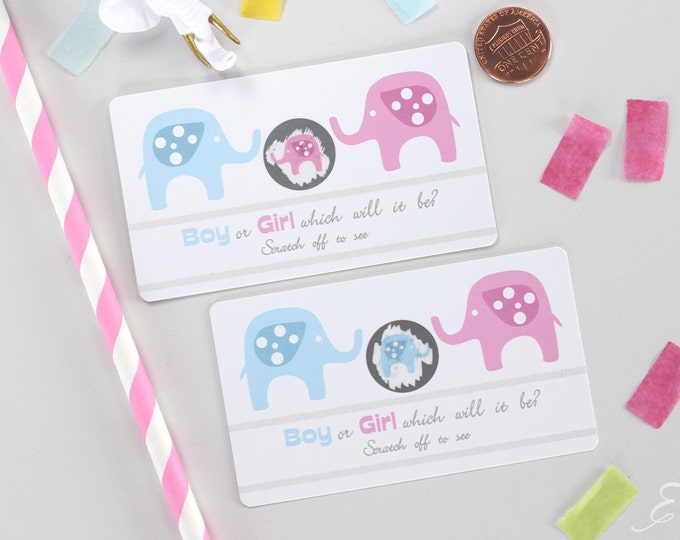 10 Baby Gender Reveal Scratch Off Cards - Pink & Blue Elephant