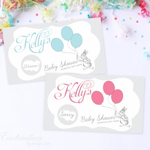 10 Custom Baby Rabbit Fairytale Balloon Baby Shower Scratch Off Game Cards - Baby Shower Game - Pink, Blue