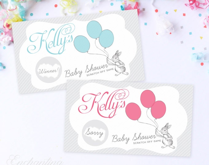 10 Custom Baby Rabbit Fairytale Balloon Baby Shower Scratch Off Game Cards - Baby Shower Game - Pink, Blue