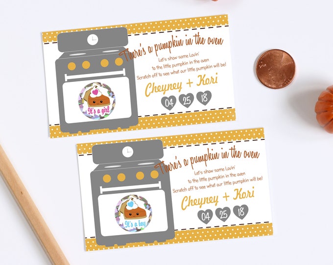 10 Custom Baby Gender Reveal Scratch Off Cards - Pumpkin Pie There's a Bun In The Oven Thanksgiving