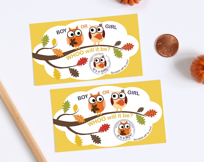 10 Baby Gender Reveal Scratch Off Cards - Whoo Will It Be Fall Owls
