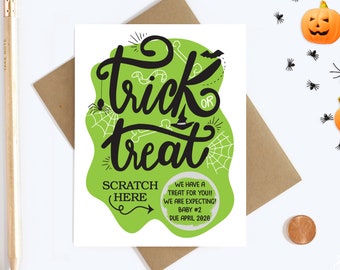 Personalized Halloween Tick or Treat Scratch Off Pregnancy Reveal - Big Sister - Aunt and Uncle