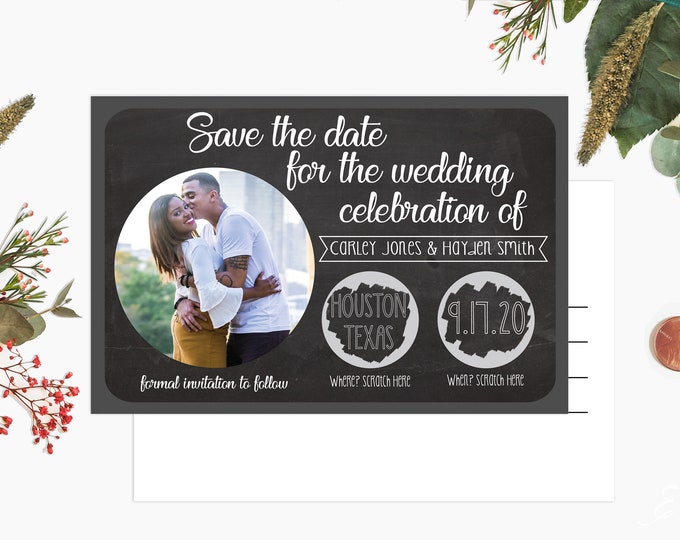 Scratch off Save The Date Cards -  Postcard Style Save The Date - Chalkboard Style Save The Date Cards