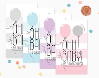10 Ohh Baby Balloon She Is Going to POP Scratch Off Game Cards - Baby Shower Game - Pink, Blue, Purple, Grey