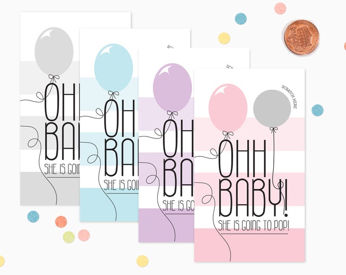 10 Ohh Baby Balloon She Is Going to POP Scratch Off Game Cards - Baby Shower Game - Pink, Blue, Purple, Grey