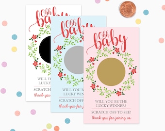 10 Ohh Baby Floral Scratch Off Game Cards - Baby Shower Game - Pink, Blue, White