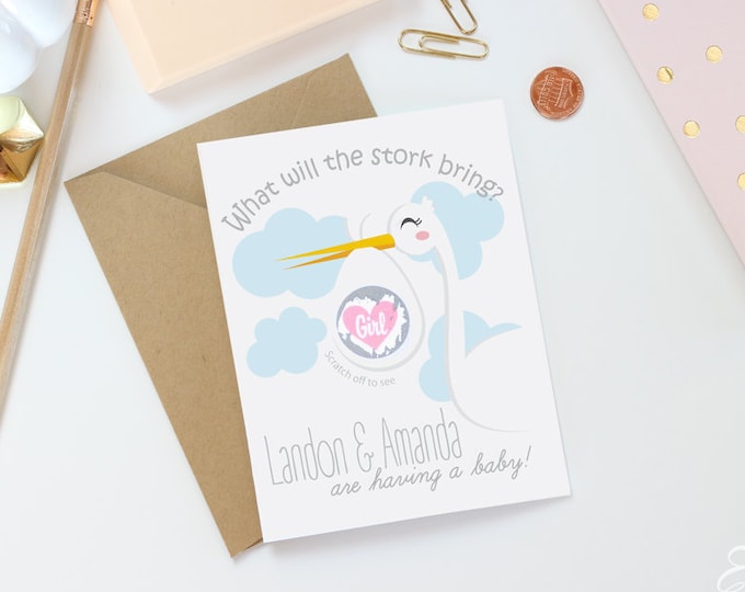 Gender Reveal Announcement Scratch Off Card - Baby Gender Reveal Card - Stork Baby Card