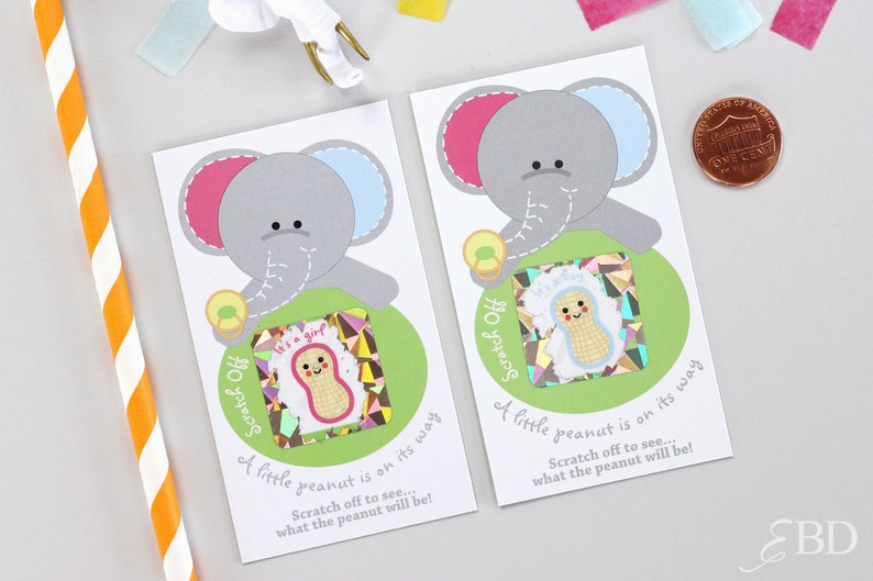 10 Baby Gender Reveal Scratch Off Cards Pink & Blue Elephant image 1