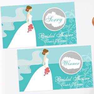 May include: Two turquoise and silver bridal shower scratch off game cards. Each card features a cartoon bride in a white dress with a veil and a red flower bouquet. One card says "Sorry" and the other says "Winner".