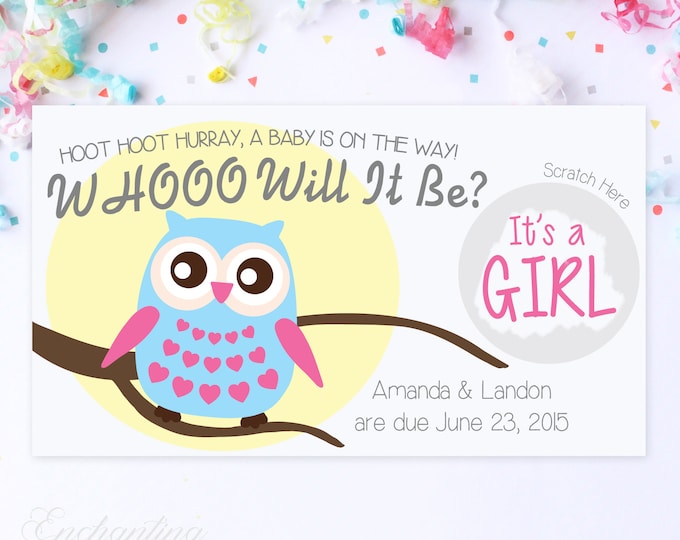 10 Custom Baby Gender Reveal Scratch Off Cards - Whoo Will It Be Owl